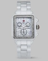 Cool ceramic meets sparkling diamonds for a bright and brilliant Swiss timepiece. Swiss quartz movement 108 diamond bezel Diamonds, tcw .60 K-1 mineral crystal Square face Mother-of-pearl chronograph dial Number markers Date display Ceramic case and band Strap is not interchangeable Imported