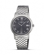 For a sophisticated look that is steeped in tradition, Raymond Weil offers this handsome stainless steel watch, with an easy-to-read, gray Roman numeral dial, date display and hinged stainless steel band.