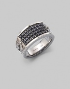 A tapered design in burnished sterling silver is defined by four rows of tiny black sapphires. Sterling silver Black sapphires ¼W X 1 diam. Imported 