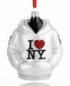 Bundle up your Christmas tree with big city style in this shiny, snow-white I Love NY hoodie ornament from Kurt Adler.