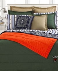 Smart and stylish, the sporty Tate comforter from Lauren Ralph Lauren offers two ways to get cozy. Use on the bed as a reversible comforter, or zip to create a sleeping bag! Featuring engineered quilting with a functional zipper on 3 sides. Patch on nylon front.