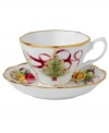 Royal Albert offers a festive twist on a favorite pattern, mixing Christmas trees, holly and bows with pink and gold blooms on the Old Country Roses Holiday teacup and saucer. Gold-banded porcelain coordinates flawlessly with the original dinnerware collection.