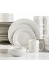 A delicate, Greek-inspired design is set in strong stoneware, creating a beautiful casual dinnerware set from Pfaltzgraff. Microwave and dishwasher safe, this set is ideal for everyday use and keeps your tablescape looking fresh.