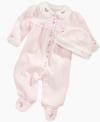 Sweet details set her up with precious style in this comfortable quilted, footed coverall from Little Me.