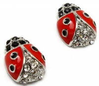 Precious Crystal Accented Small 1/2 Red and Black Enamel Ladybug Stud Earrings Silver Plated