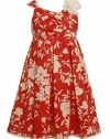 Size-6X, Coral, BNJ-7644R, Coral and Ivory Crossover Side Pleat Floral Print Dress,Bonnie Jean Little Girls Party Dress Outfit