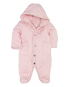 Baby keeps warm from head to toe in a cozy hooded bunting, rendered in sleek diamond-quilted microfiber and lined in soft-to-the-touch winter fleece.