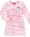 Your little star will twinkle in this uniquely adorable ruffle sweater dress by Hello Kitty with alternating mesh tiers and an allover tinge of sparkle. Will go great with legging.