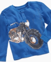 Ready to ride. He'll look great in this cozy waffle henley from Flapdoodles.