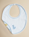 From Kissy Kissy, a cute bib with visible contrast stitching, embroidered dino on front and print on the reverse.