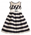 Size-5, Navy, BNJ-6922R, Navy-Blue and White Bias Striped Illusion Neckline Dress,Bonnie Jean Little Girls Party Dress