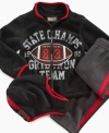 Stoke his love of sports early with this active fleece jacket, pant and hat set from Nannette.