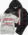 Suit up your speed demon in a race car-themed three-piece set from Clubhouse Kids: Graphic tee with West Coast Champs; hooded zip-up jacket with racing stripes and patchwork; and coordinating pull-on pants.