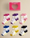 Rainbow colored sock set from Juicy Couture, with gold embroidery at the ankle and sole.