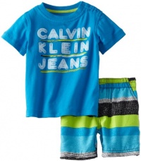 Calvin Klein Baby-boys Infant Tee with Striped Shorts, Blue, 18 Months