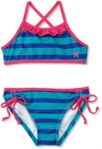 Hurley Girls 2-6X Minnow Stripe Sport Bra and Tunnel Swimwear, Teal, 6x