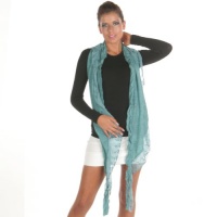 Angelina Light Fashion Scarf, with 5-inch Embroidered Mesh on One Side, and Mini Ruffle Trim on the Other, Aqua Blue Color