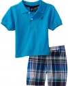 Nautica Infant Boys 2 Piece Solid Polo with Plaid Short Set, Light Aqua, 6/12