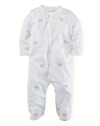 An adorable long-sleeved footed coverall crafted in soft cotton jersey is accented with schiffli embroidery.