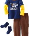 Bon Bebe Baby-boys Infant Tough Like Daddy 3 Piece Pant Set, Navy/Brown/Yellow, 24 Months