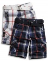 GUESS Kids Boys Big Boy Plaid Cargo Shorts with Belt, WHITE (14)