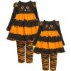 Size-5 BNJ-3652B 2-Piece ORANGE BLACK Cat Face Tiered Purl Edge Colorblock Knit Dress/Legging Set,B63652 Bonnie Jean LITTLE GIRLS