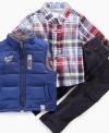 Get him set to be prep. This puffer vest, plaid shirt and corduroy pants set from Nannette gives baby a cute style.