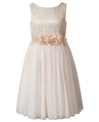 A heavenly brocade creation with rosette detailing. She'll feel like a fairy princess in her Sweet Heart Rose dress.