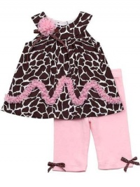 Rare Editions Girls Giraffe Print Cotton Dress Outfit Set w/ Leggings , Brown , 2T