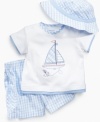 Smooth sailing. He'll be comfy and cute in water or on land in this fun 3-piece t-shirt, short and hat set from Little Me.