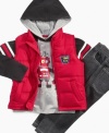 Program an adorable look. This robot hoodie, puffer vest and jeans set lets him stock his closet with a digital style.