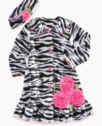 Out and about. She'll look lovely in this fashionable zebra-print coat with matching rosette hat from Bonnie Jean.