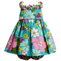 Size-24M BNJ-9379M 2-Piece AQUA-BLUE PINK MULTI 'Island Floral' PRINT RUFFLE NECKLINE Spring Summer Party Dress,M19379 Bonnie Jean BABY/INFANT