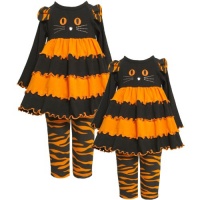 Size-3T BNJ-3652B 2-Piece ORANGE BLACK Cat Face Tiered Purl Edge Colorblock Knit Dress/Legging Set,B63652 Bonnie Jean LITTLE GIRLS