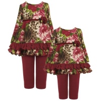 Size-5 BNJ-2144B 2-Piece BURGUNDY-RED BROWN GREEN Floral Animal Print Fuzzy Knit Dress/Legging Set,B32144 Bonnie Jean LITTLE GIRLS