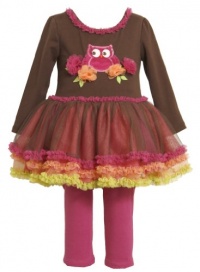 Size-6 BNJ-3940B 2-Piece BROWN PINK OWL MESH ROSETTE APPLIQUE RUFFLE MESH TUTU Dress/Legging Outfit Set,B33940 Bonnie Jean LITTLE GIRLS