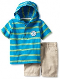 Calvin Klein Baby-Boys Infant Hooded Stripes Top with Shorts, Blue, 18 Months