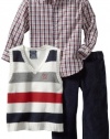 Izod Kids Boys 2-7 Striped Sweater Vest Plaid Shirt and Pant 3 Piece Set, Ivory, 2T/2 Regular