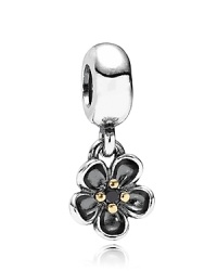 PANDORA presents a feminine floral charm finished with 14K gold and black spinel.