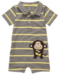 Carters Boys 3-24 Months Striped Monkey Polo Romper (12 Months, Grey)