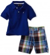 Nautica Sportswear Kids Baby-Boys Infant Solid Shirt With Plaid Short Set, Dark Blue, 24 Months