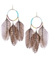 Lighten up! Three breezy feathers in brown and ivory make this Haskell style a must. Each hoop drop is wrapped with colored thread in blue, light blue, pink and yellow. Set in brass-plated mixed metal on ear wire. Approximate drop: 5-1/2 inches. Approximate hoop diameter: 1-1/2 inches.