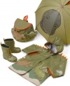 A friendly smiling dinosaur dresses up this practical kid's umbrella. Your little puddle jumper won't go anywhere without it. Features a contrast color handle.