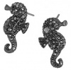 Small Adorable Sparkling Black Crystal Seahorse Stud Earrings with Hematite Plating