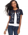 Dress up sleeveless styles with INC's short sleeve cardigan, highlighted by a lovely lace front. (Clearance)