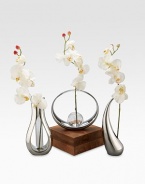 Complete with a silk orchid set at a rakish angle, this bud vase turns a round, tapered band of signature alloy and a glass teardrop center into an objet d'art suitable for any room in the house. Includes silk orchid Metal alloy/glass 9W X 8H Hand wash Imported 