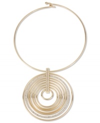 Go round and round. This captivating collar necklace from Haskell shines with crystal accents on a hypnotizing multi-circle pendant. Crafted in gold tone mixed metal. Approximate length: 14 inches. Approximate drop  length: 3-1/2 inches. Approximate drop width: 3-1/4 inches.