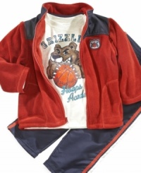 Bearsketball. He can up his game in this cute fleece jacket, grizzly tee and windpants set from Kids Headquarters.