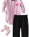 Bon Bebe Baby-girls Newborn 3 Piece Pant Set With Heart Shaped Satin Applique, Pink/White/Black, 3-6 Months