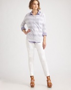 Lightweight, linen-rich scoopneck in a subtle stripe print with dropped shoulders, long dolman sleeves and a modern hi-low hem. ScoopneckDropped shouldersLong dolman sleevesBanded cuffs and hemHi-low hem74% linen/26% viscoseDry cleanImported of Italian fabricModel shown is 5'10 (177cm) wearing US size Small.